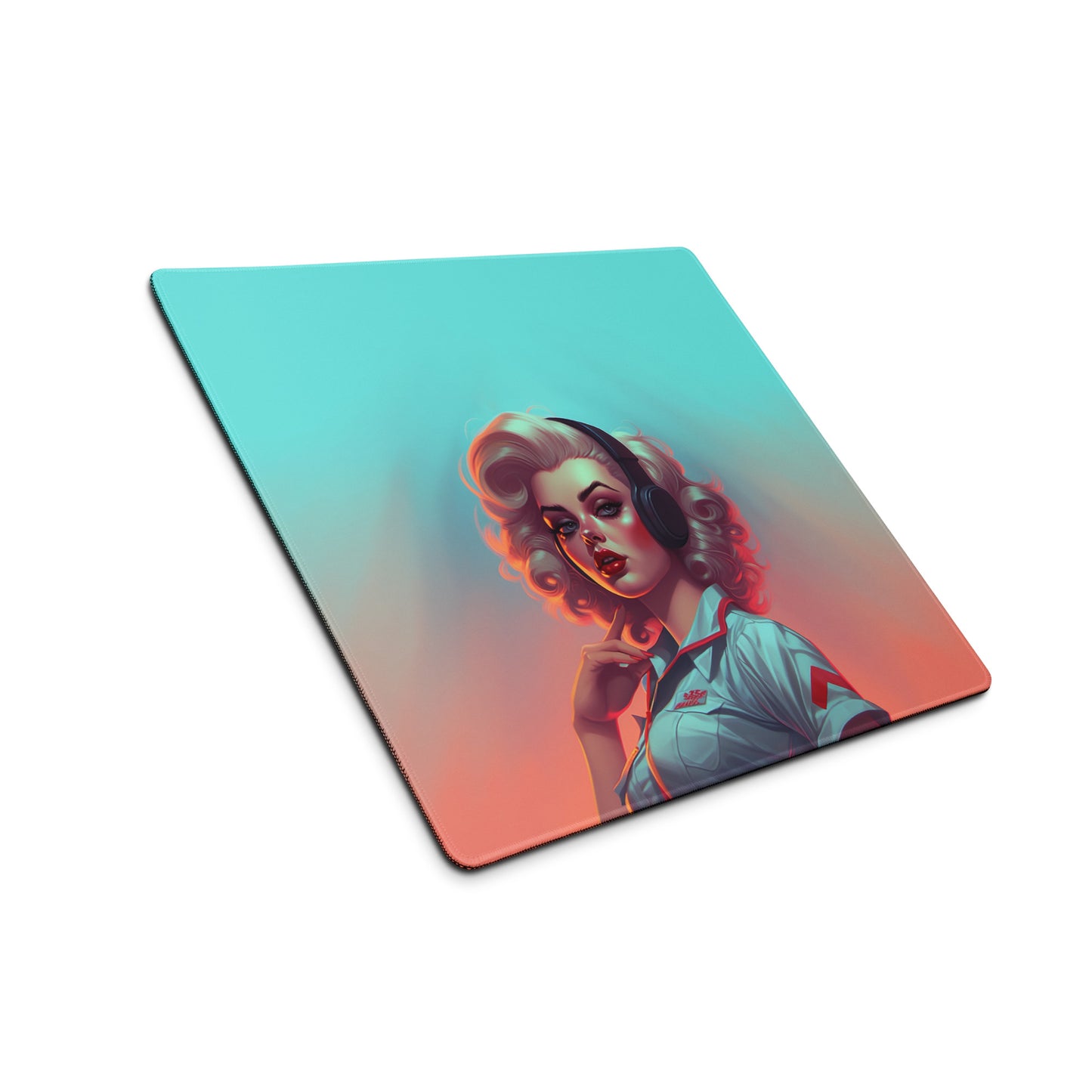 A 18" x 16" blue and orange desk pad with a flight attendant sitting at an angle.
