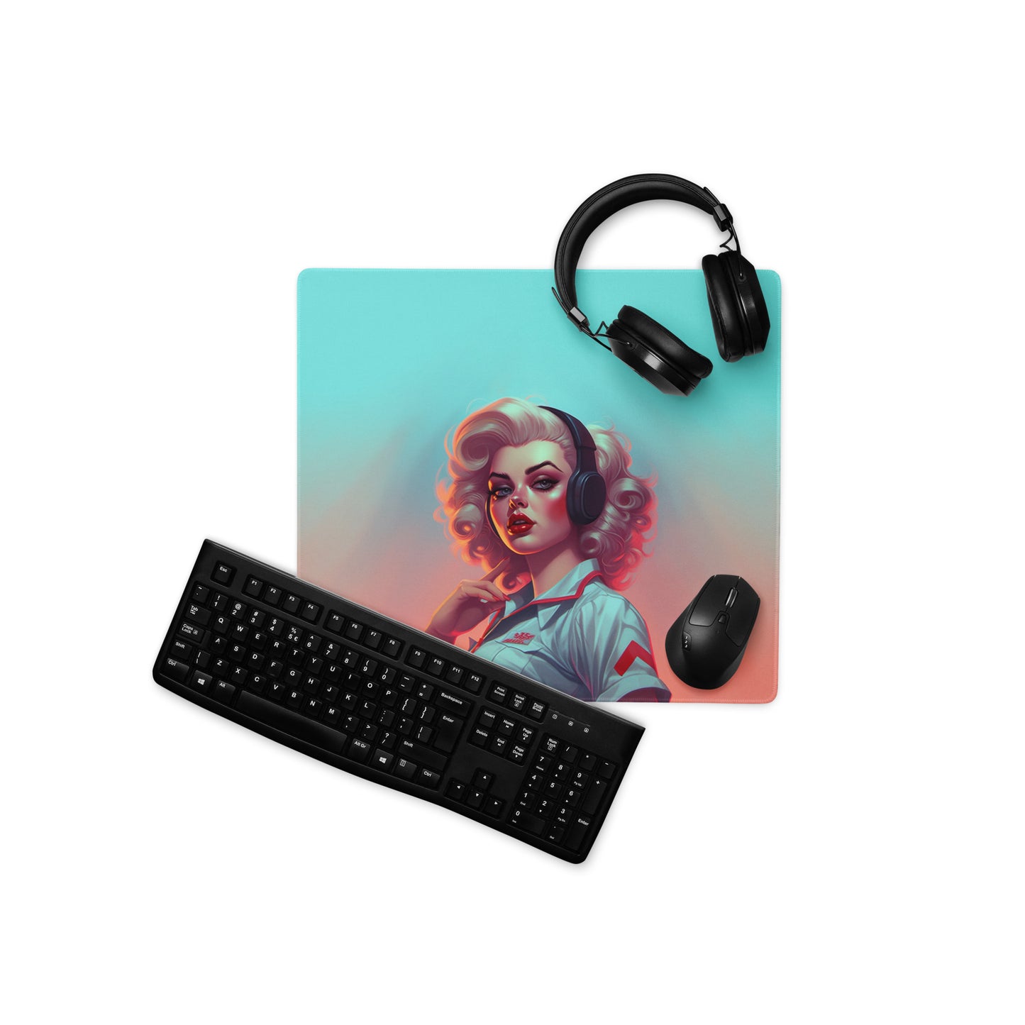 A 18" x 16" blue and orange desk pad with a flight attendant. With a keyboard, mouse, and headphones sitting on it.