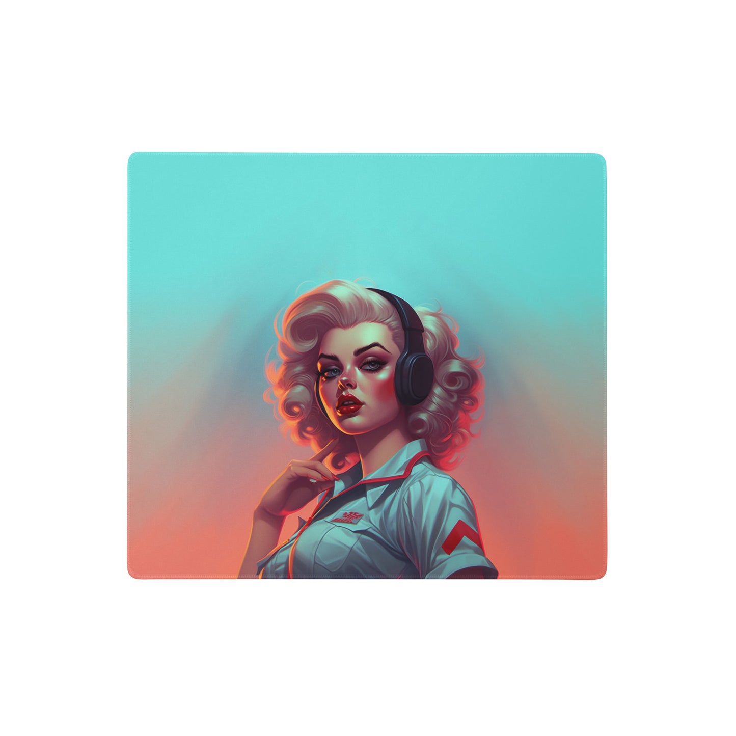 A 18" x 16" blue and orange desk pad with a flight attendant.