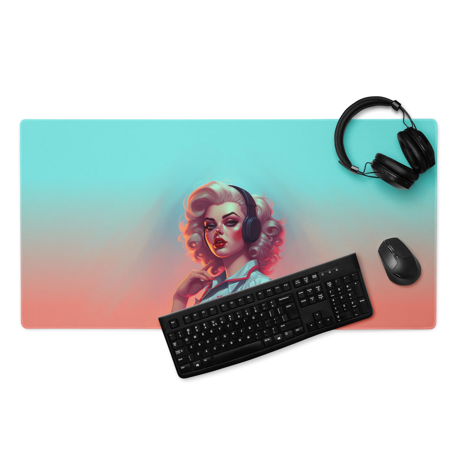A 36" x 18" blue and orange desk pad with a flight attendant. With a keyboard, mouse, and headphones sitting on it.