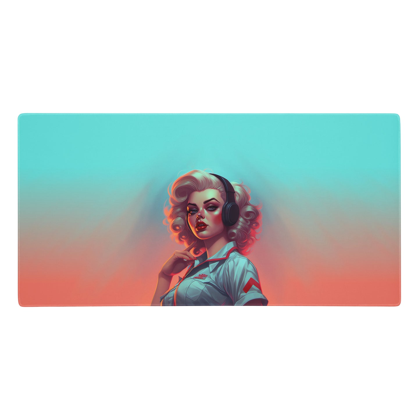 A 36" x 18" blue and orange desk pad with a flight attendant.