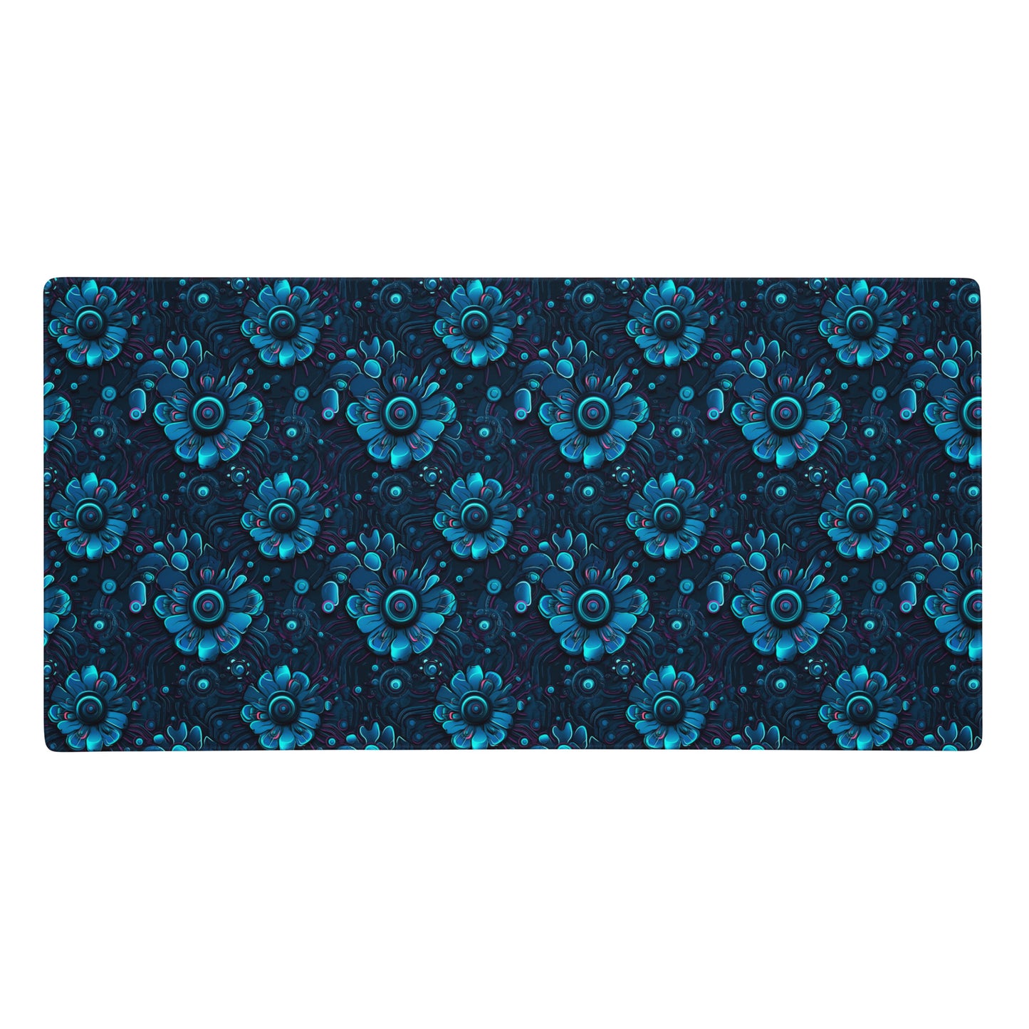 A 36" x 18" desk pad with a blue robotic floral pattern.