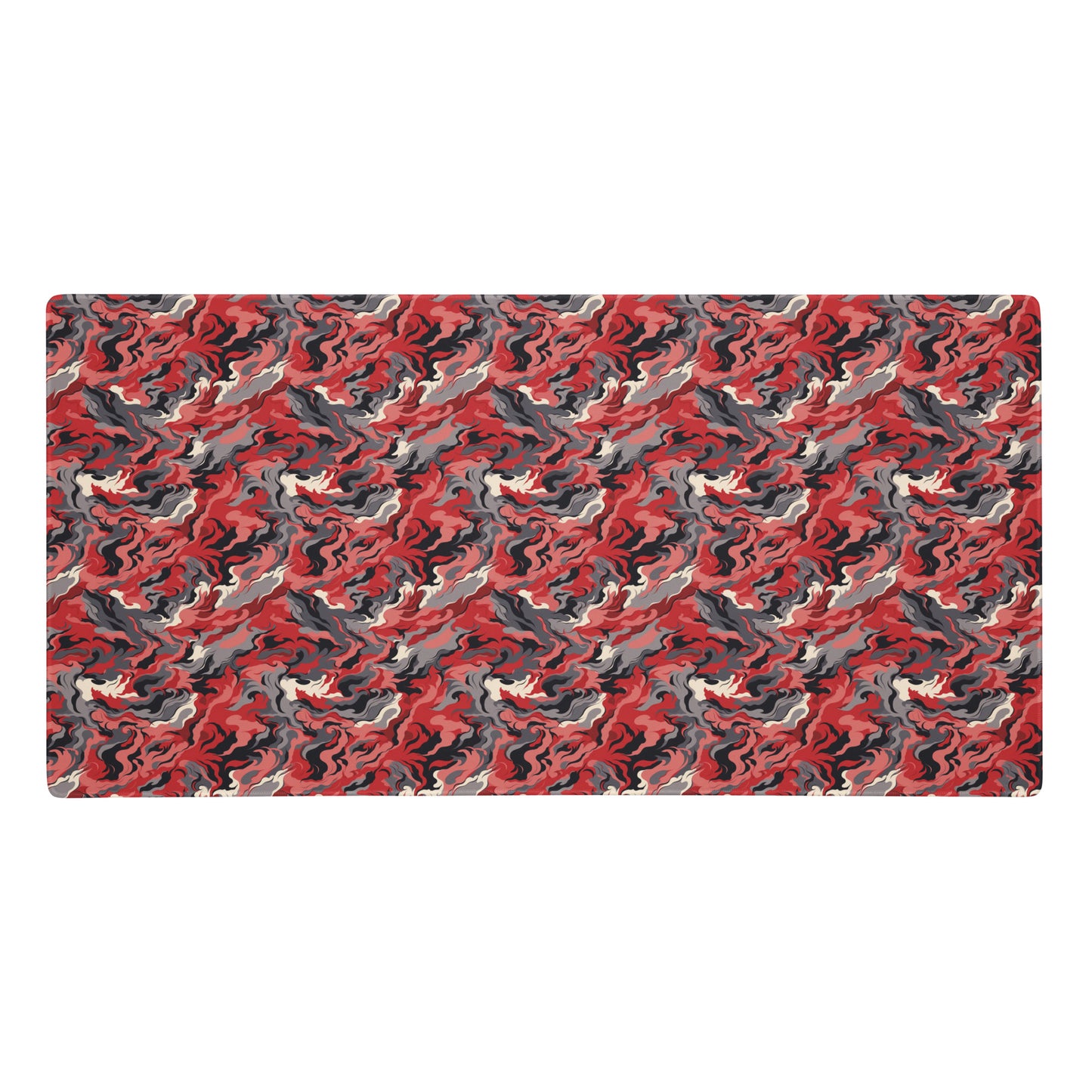 A 36" x 18" desk pad with a grey and red camo pattern.