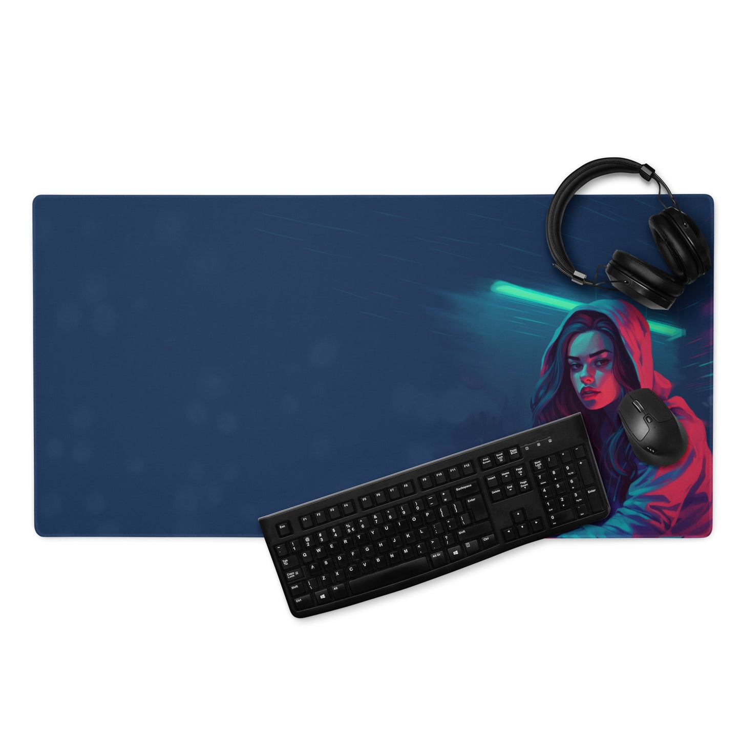 A 36" x 18" blue desk pad with a girl in a hoodie. With a keyboard, mouse, and headphones sitting on it.