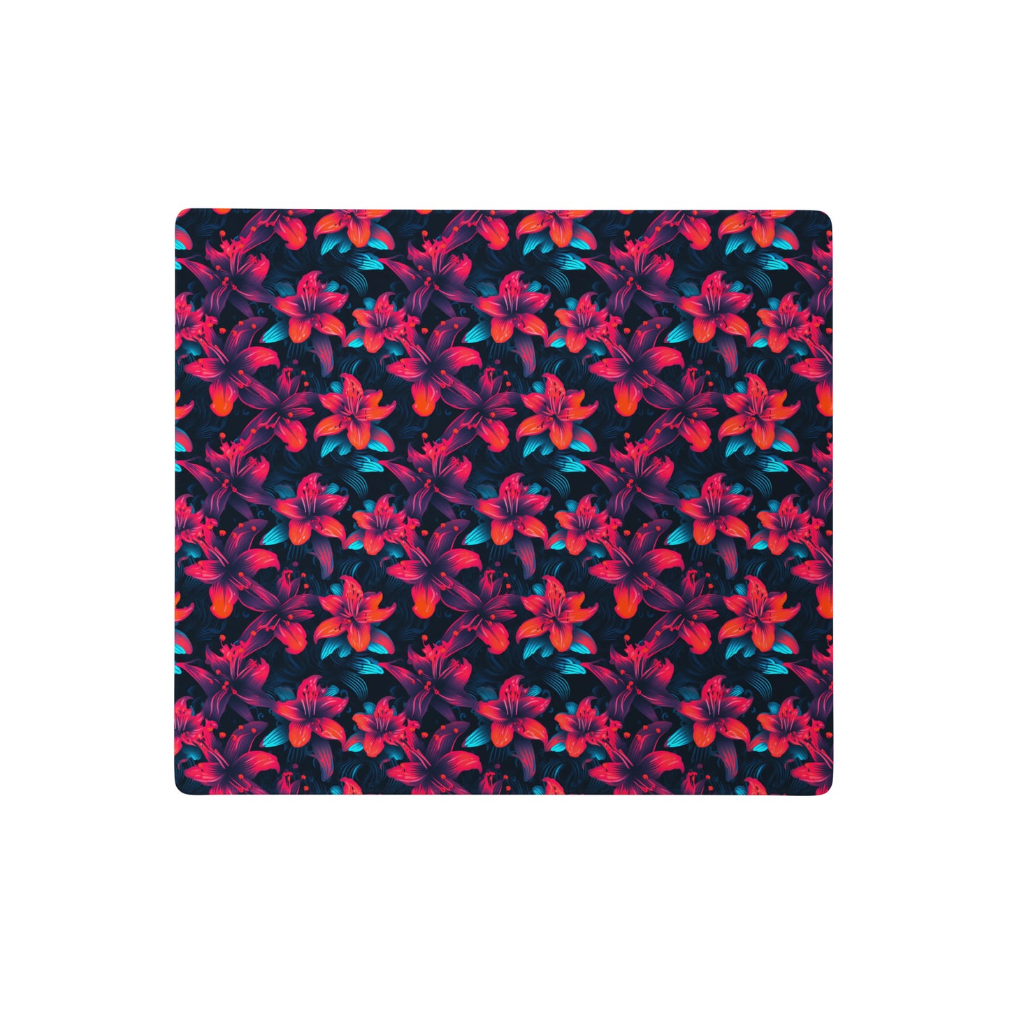 A 18" x 16" desk pad with a neon red and blue floral pattern.