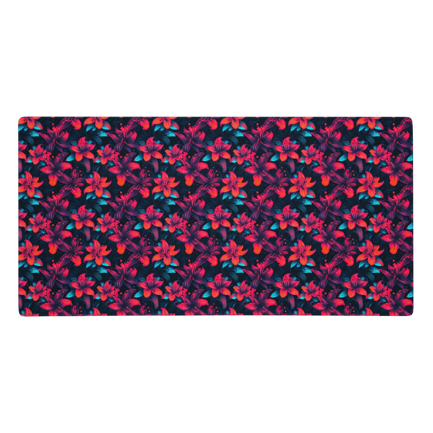 A 36" x 18" desk pad with a neon red and blue floral pattern.