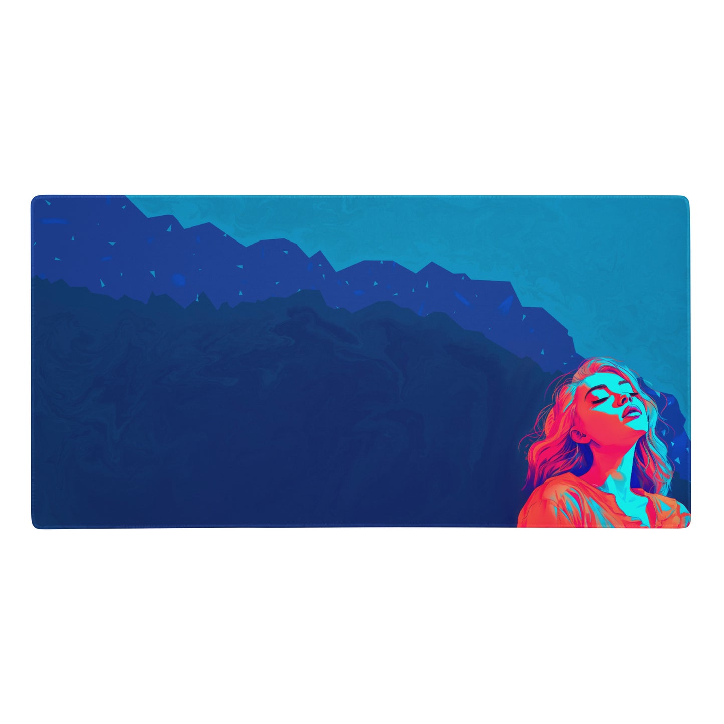 A 36" x 18" blue desk pad with a girl looking up.