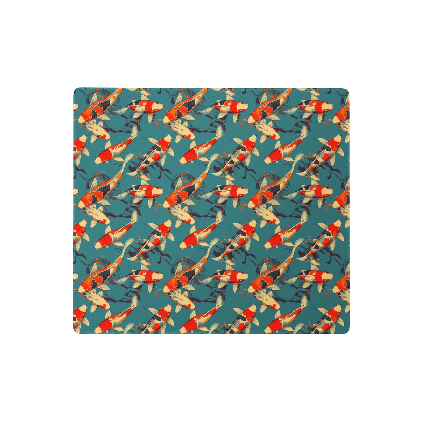 An 18" x 16" gaming desk pad with red koi fish on a blue background.