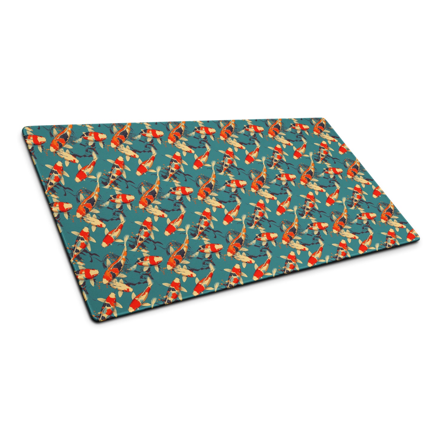 A 36" x 18" gaming desk pad with red koi fish on a blue background sitting at an angle.