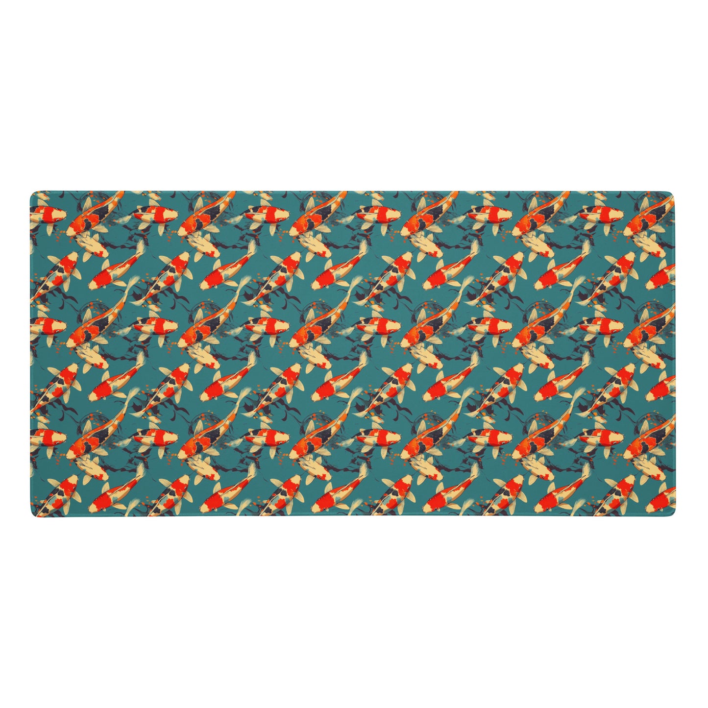 A 36" x 18" gaming desk pad with red koi fish on a blue background.