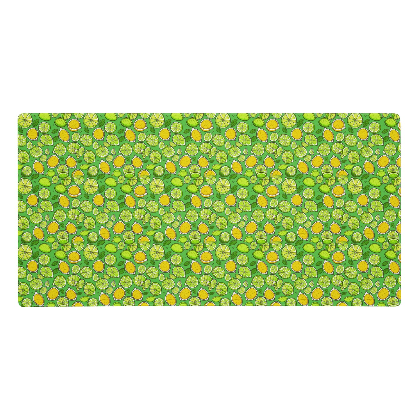 A 36" x 18" gaming desk pad with lemons and limes on a green background.