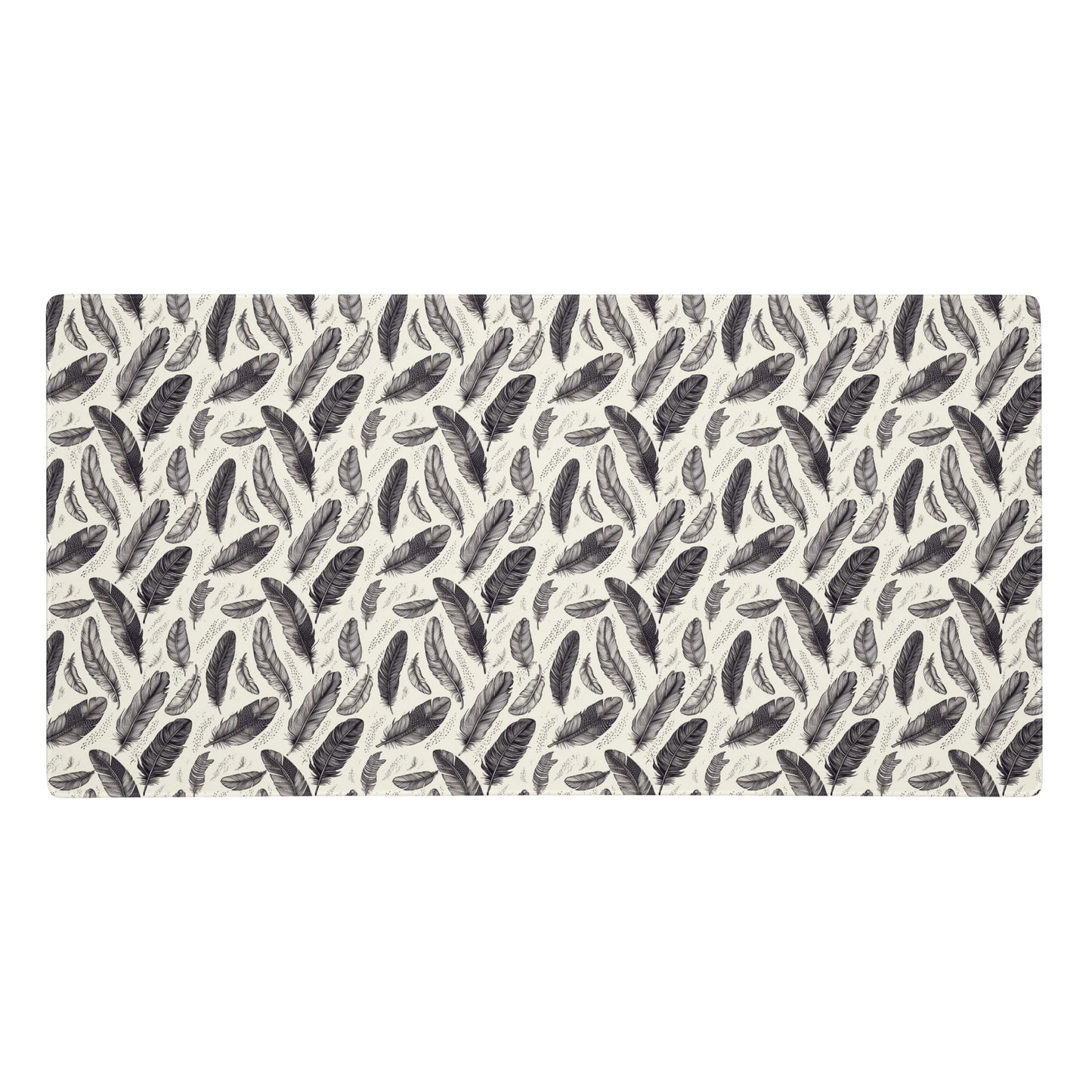 A 36" x 18" gaming desk pad with black and white feathers.