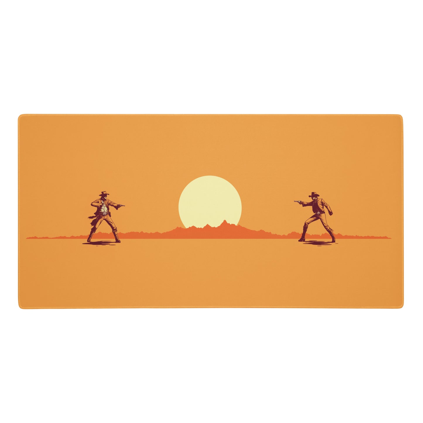 An orange 36" x 18" desk pad with cowboys dueling.