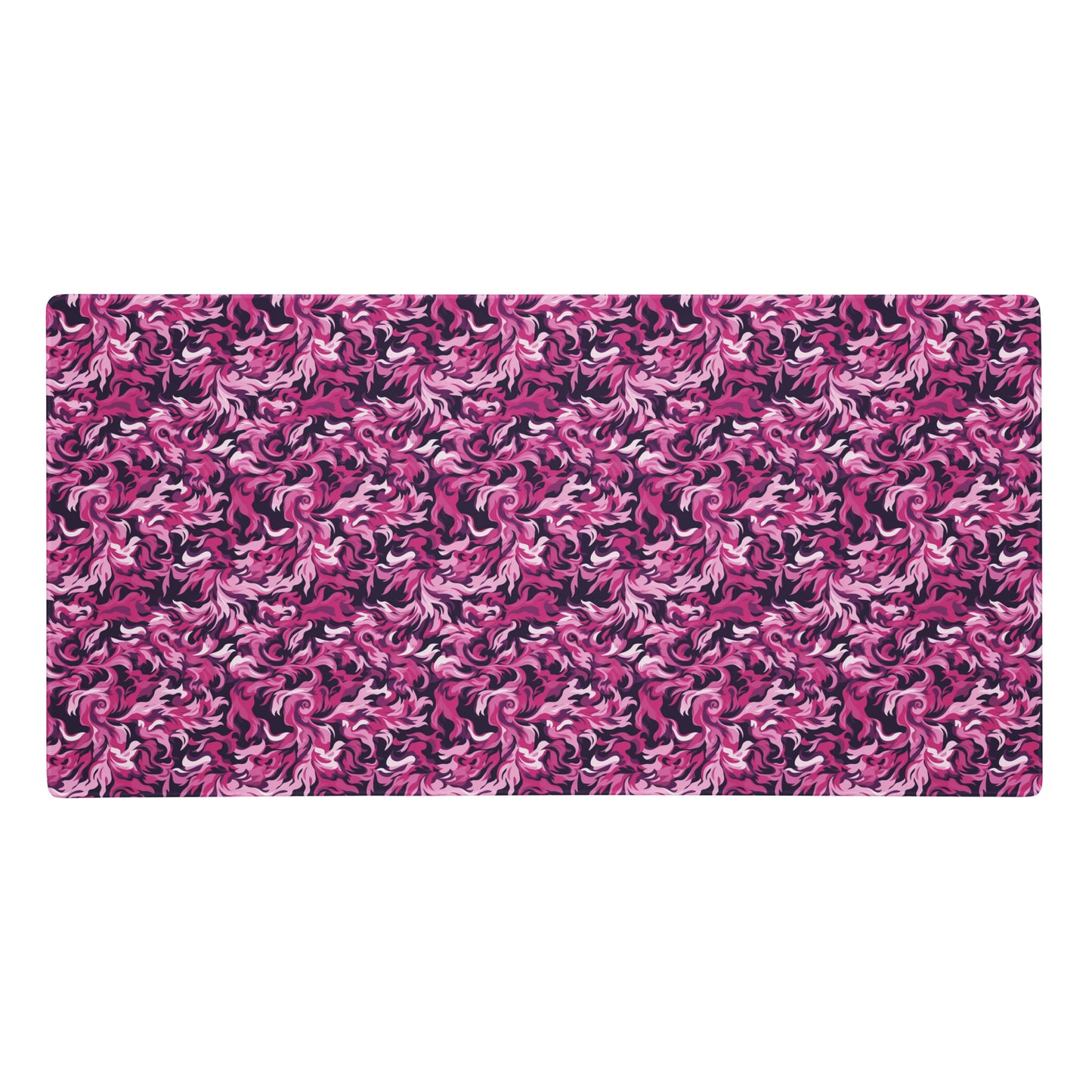 A 36" x 18" desk pad with a pink and magenta camo pattern.