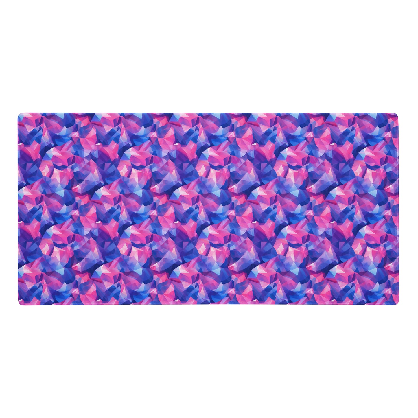 A 36" x 18" gaming desk pad with pink and blue crystals.