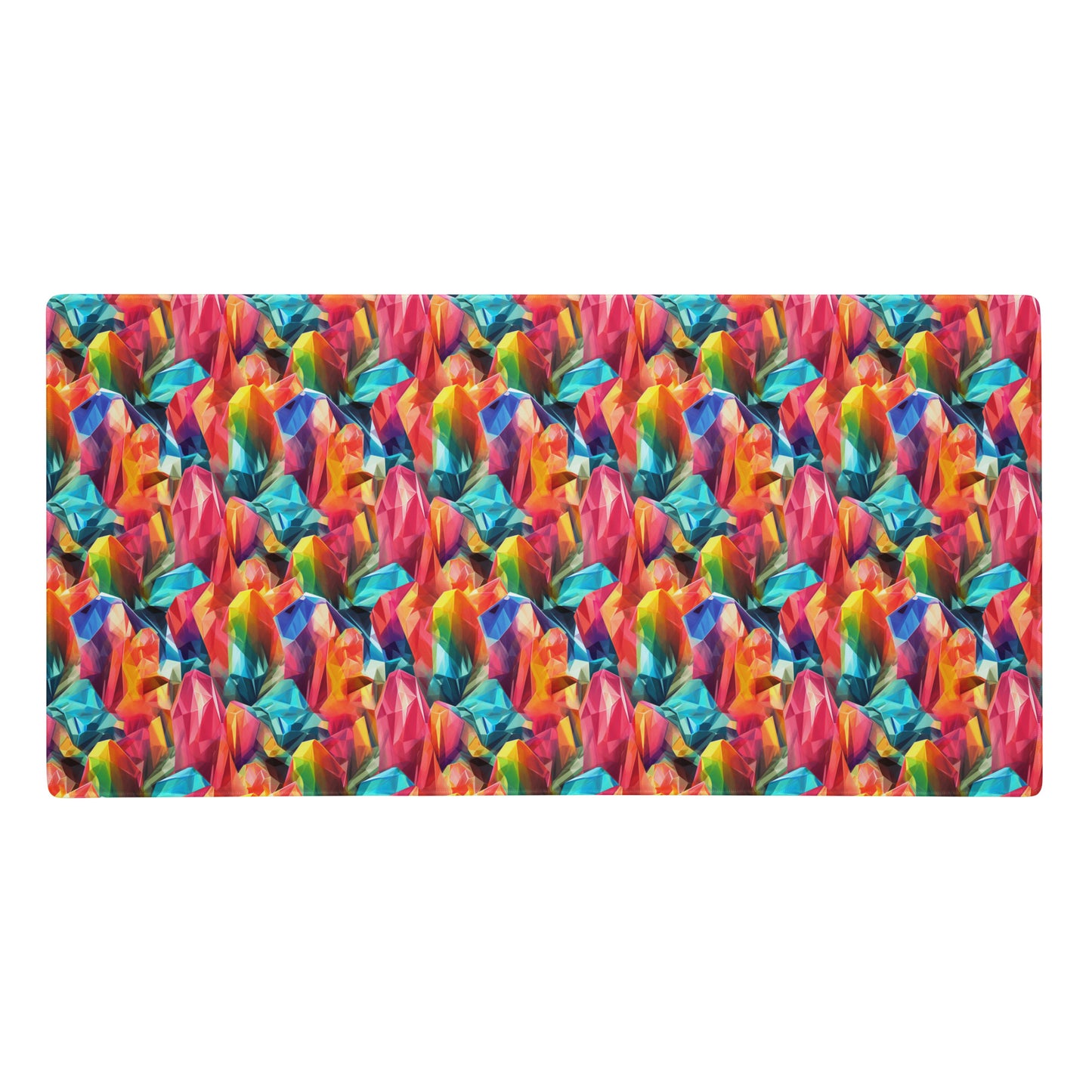 A 36" x 18" gaming desk pad with rainbow crystals.
