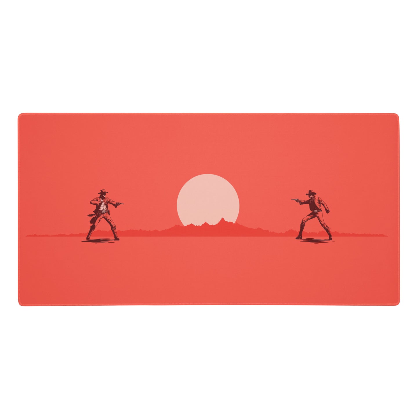 A Red 36" x 18" desk pad with cowboys dueling.