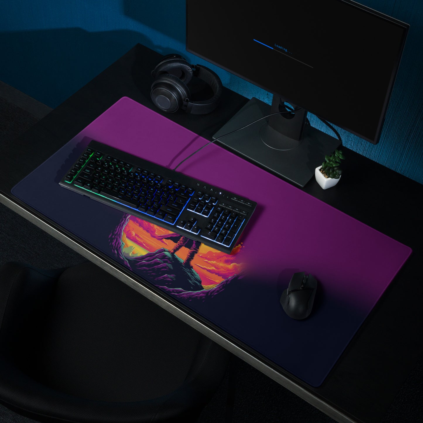 A 36" x 18" desk pad with a cowboy holding a glowing sword looking at the sunset sitting on a desk.