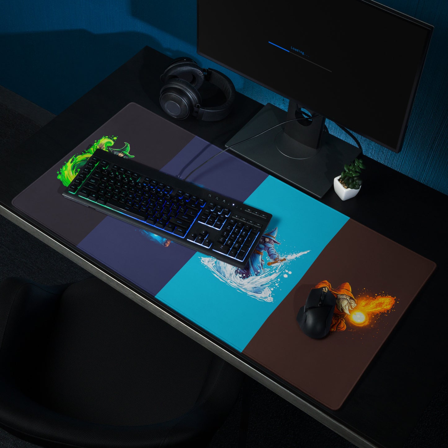 A 36" x 18" desk pad with four mages using different spells sitting on a desk,