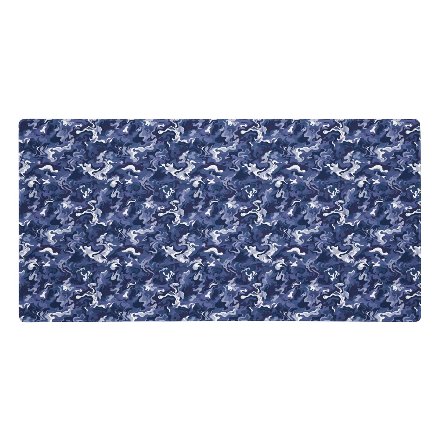 A 36" x 18" desk pad with a royal blue and white camo pattern.