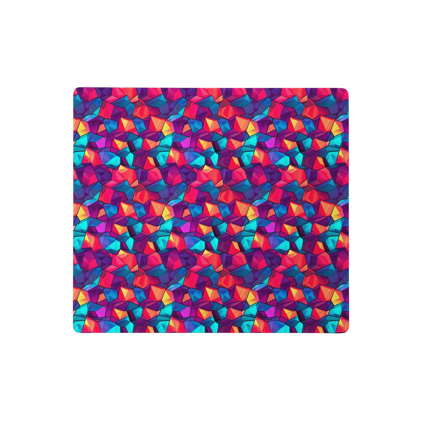 An 18" x 16" gaming desk pad with red, blue, and purple crystals.
