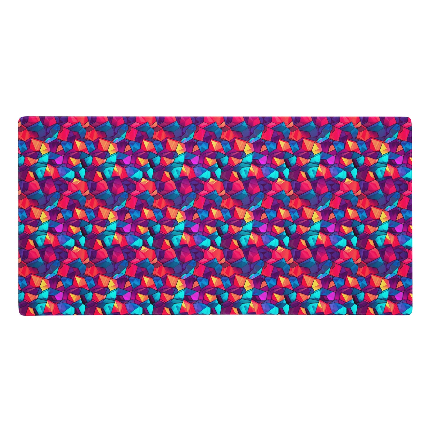 A 36" x 18" gaming desk pad with red, blue, and purple crystals.