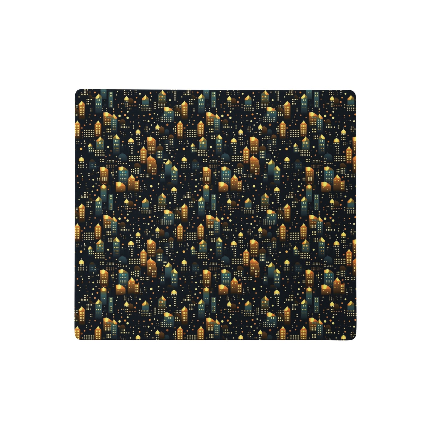 A 18" x 16" desk pad with a stary city pattern.