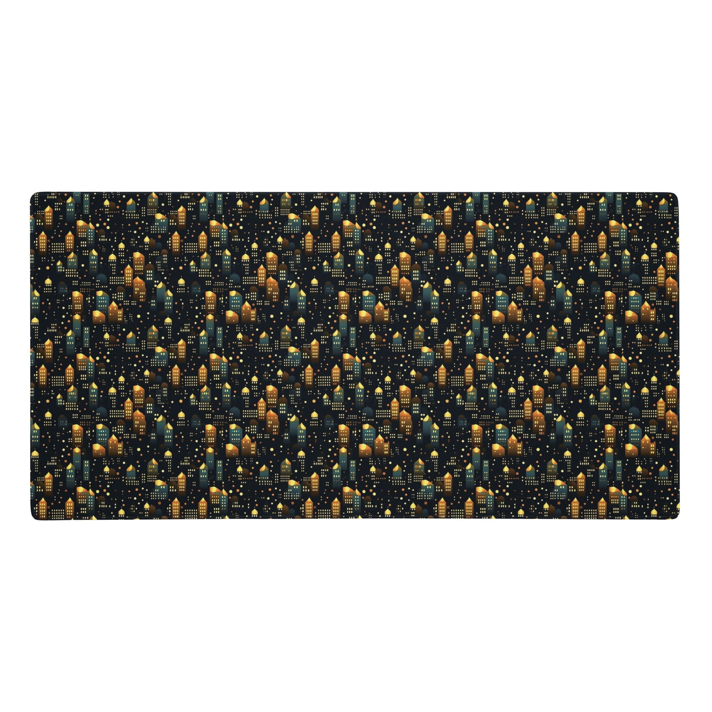 A 36" x 18" desk pad with a stary city pattern.