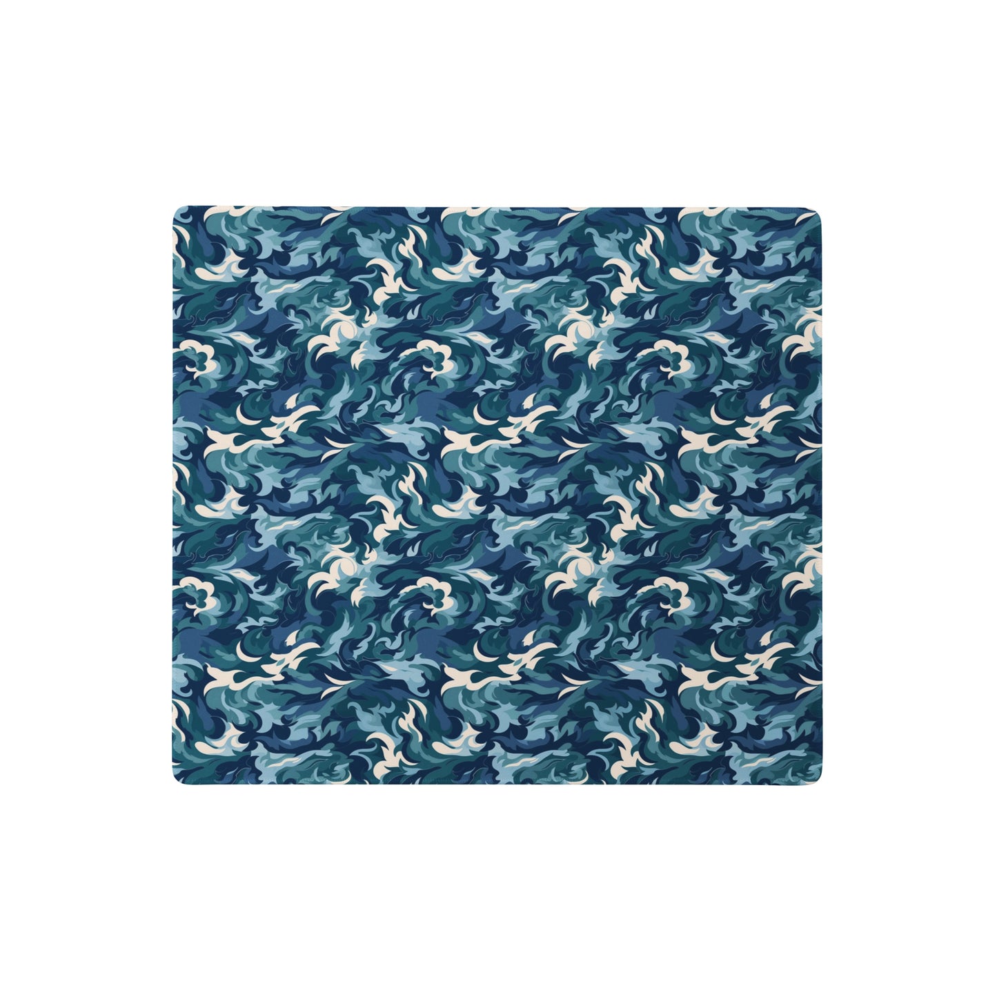 A 18" x 16" desk pad with a teal and white camo pattern.