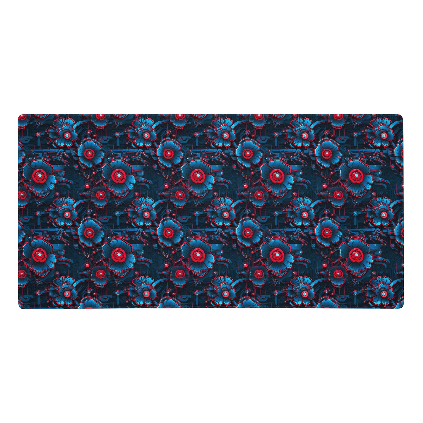 A 36" x 18" desk pad with a blue and red robotic floral pattern.