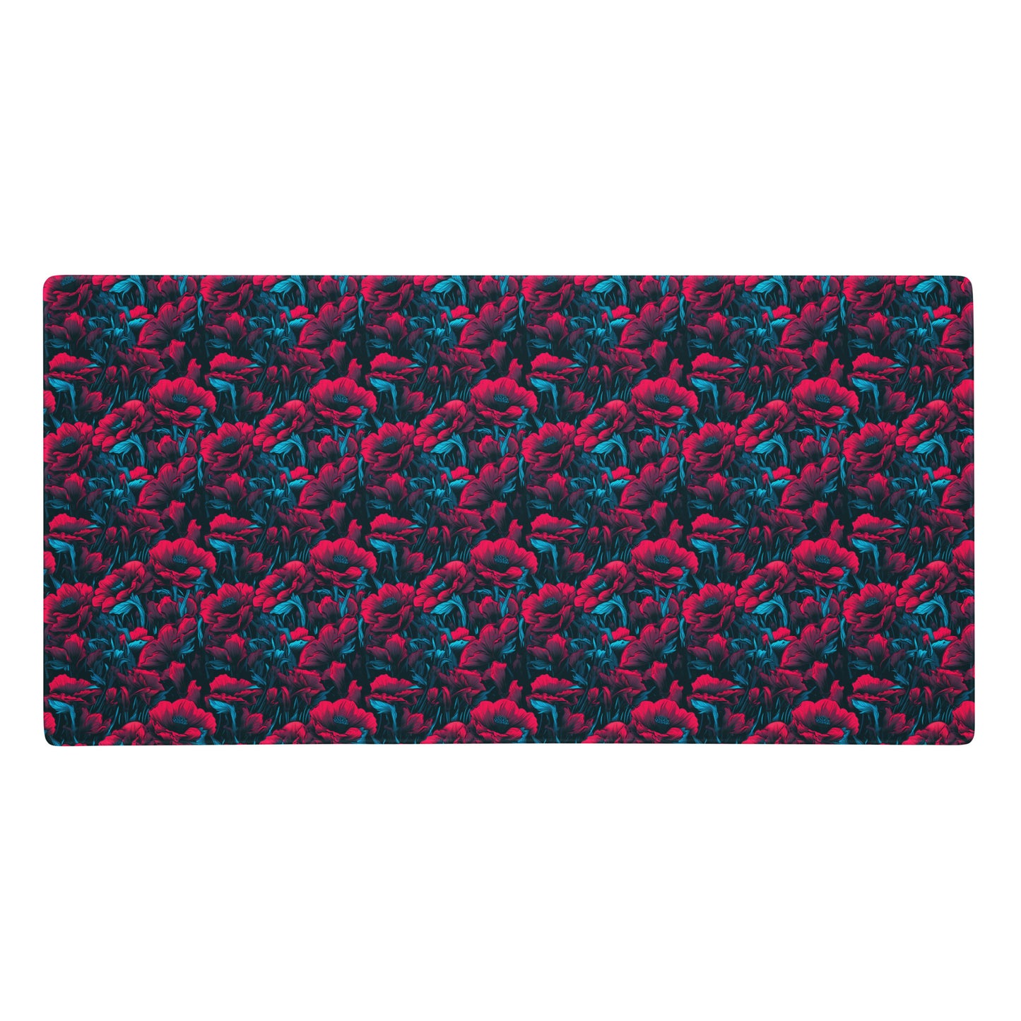 A 36" x 18" desk pad with a red and blue floral pattern.