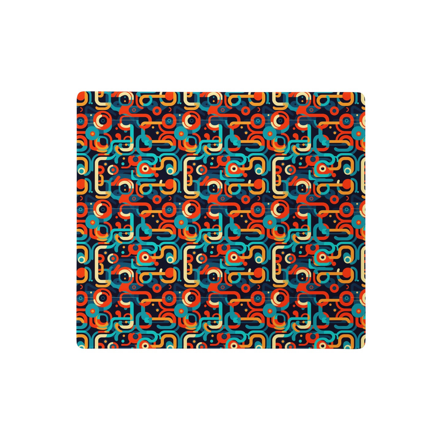 An 18" x 16" gaming desk pad with blue, orange, and beige lines on a black background.
