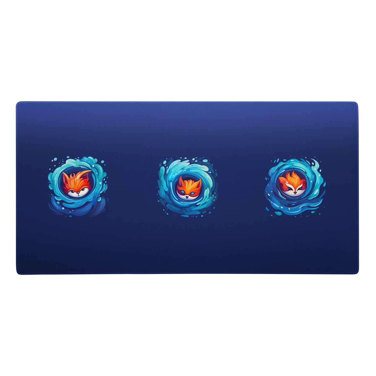 A 36" x 18" blue desk pad with three foxes in whirlpools.