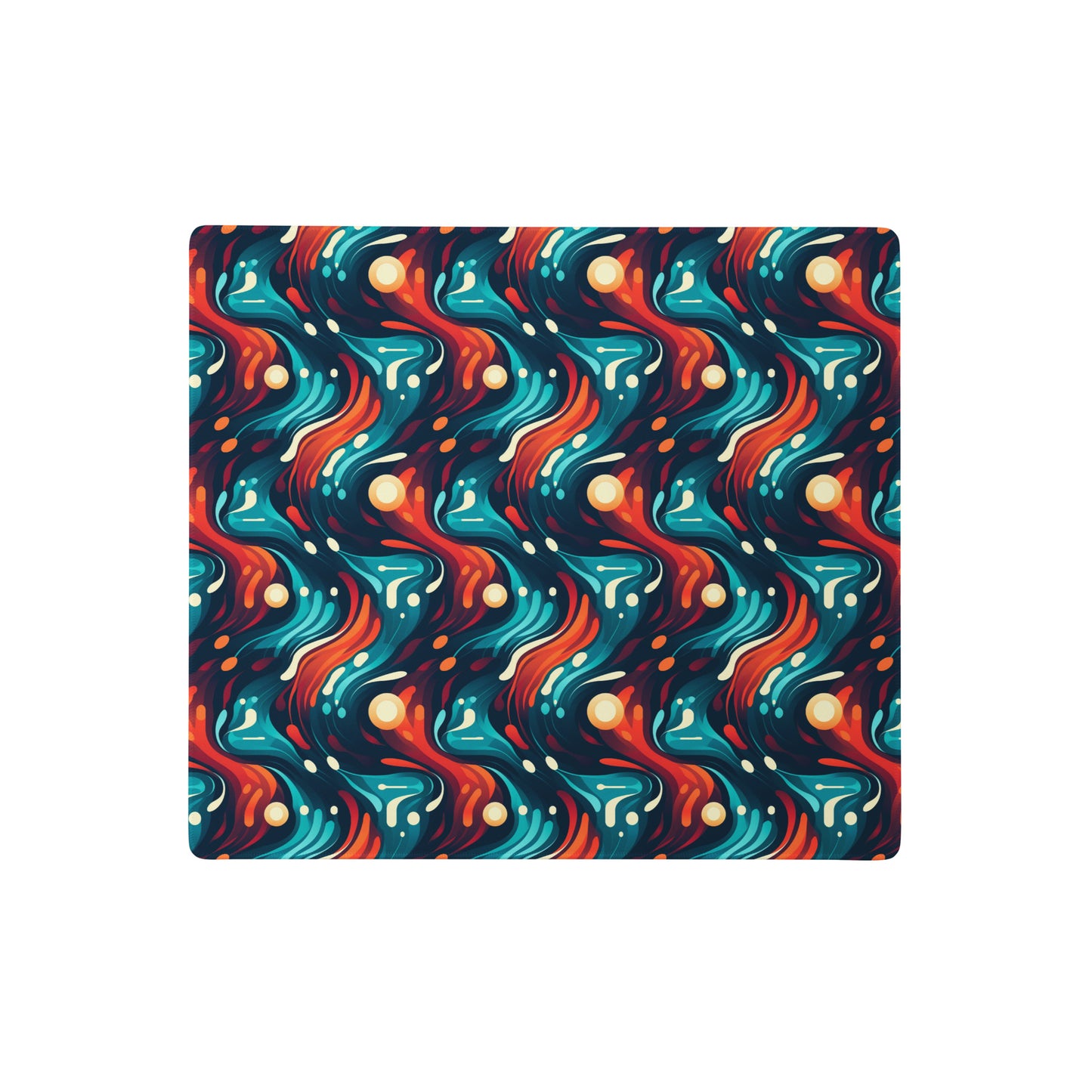 A 18" x 16" desk pad with a blue and orange wavy pattern.