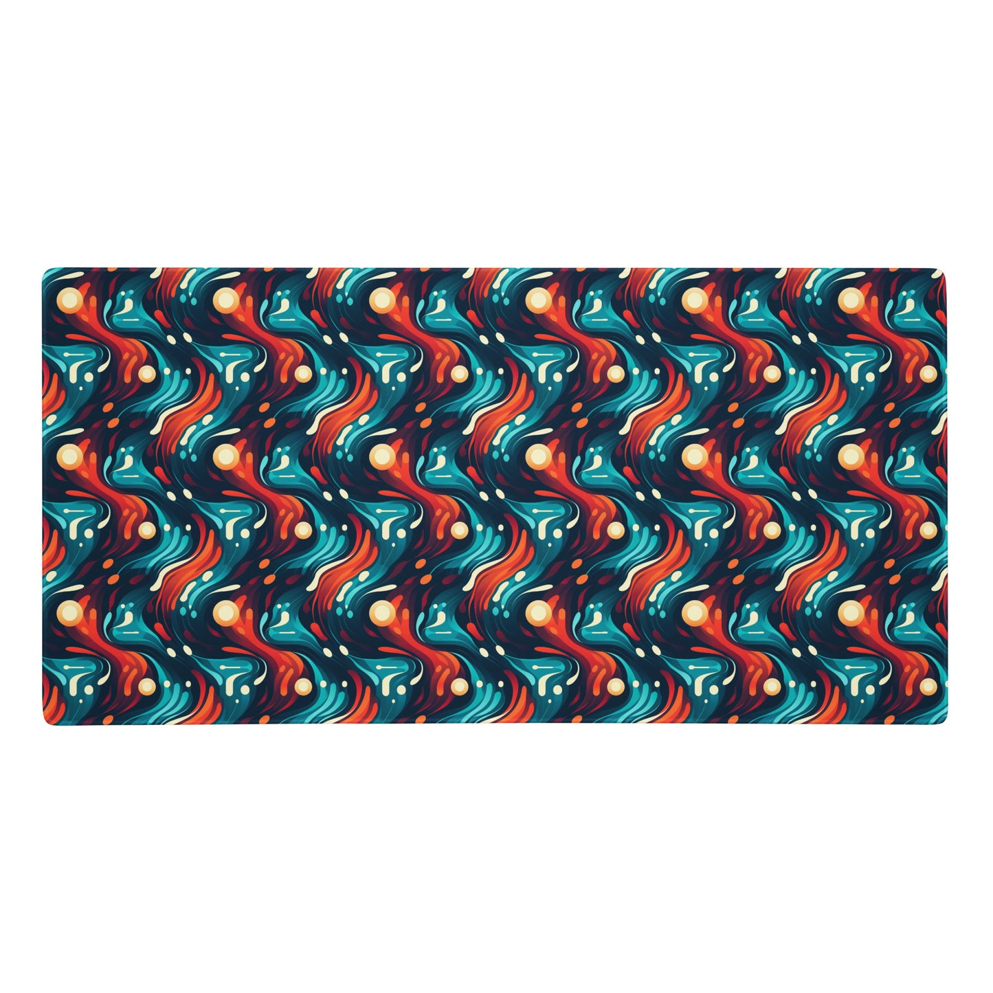 A 36" x 18" desk pad with a blue and orange wavy pattern.