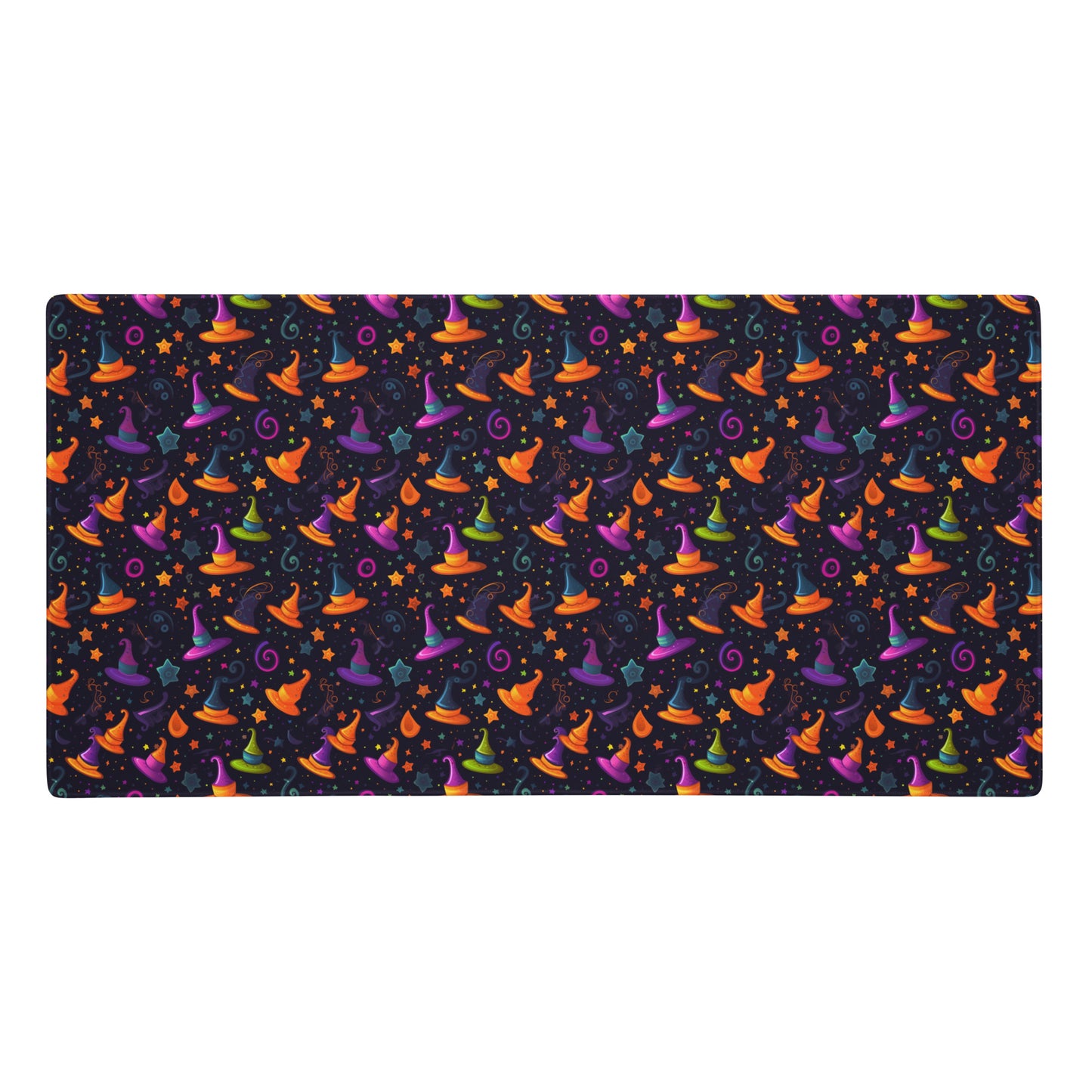 A 36" x 18" desk pad with a orange and purple wizard hat pattern.