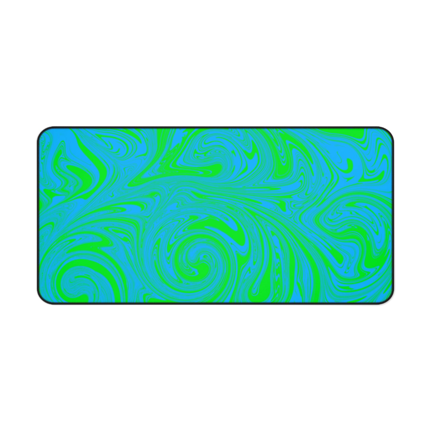 A 31" x 15.5" desk mat with blue and green swirls.