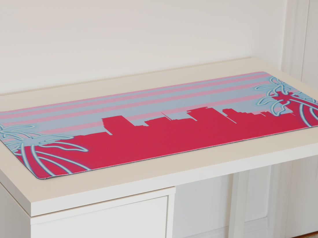 Miami Skyline Desk Mat with Stitched Edges - Pink/Blue (900mm x 400mm) - Desk Cookies