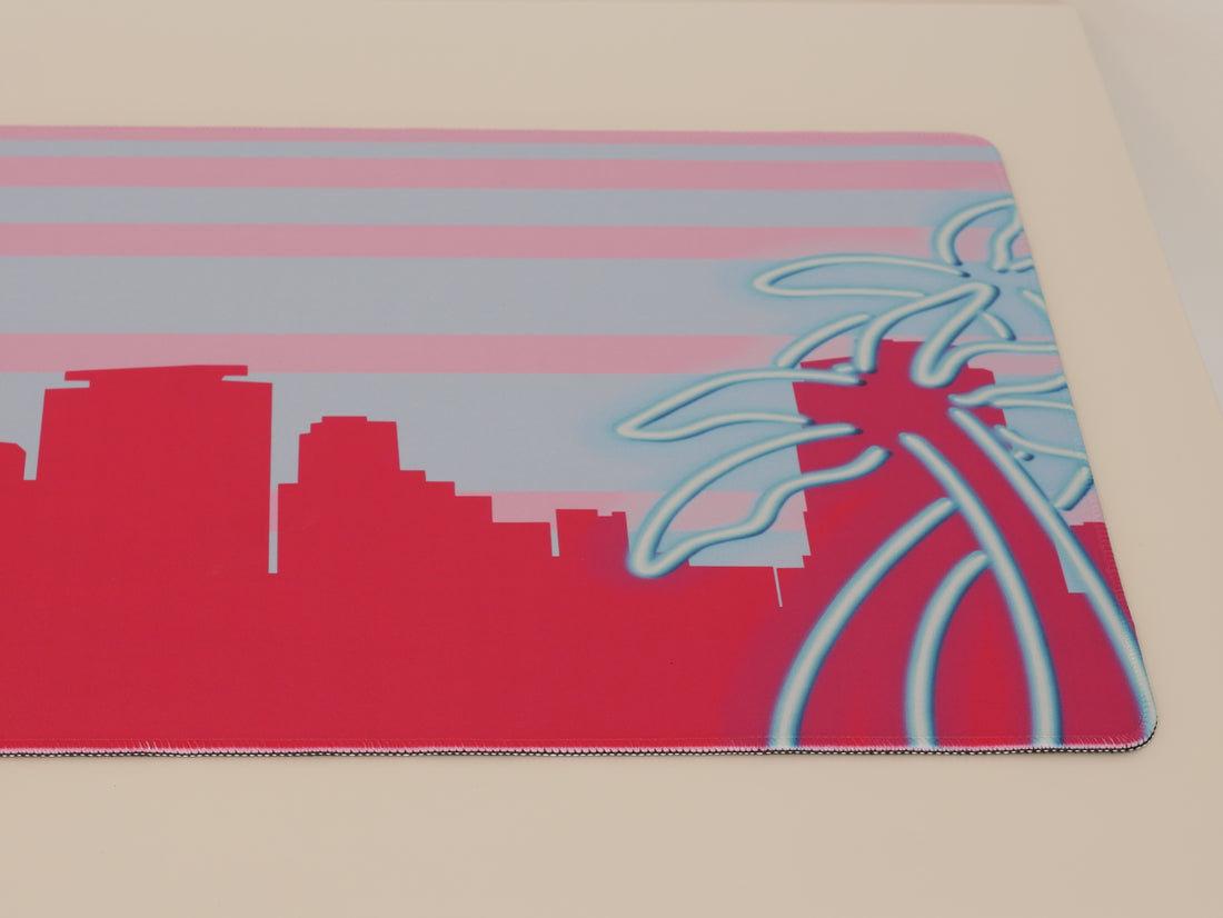 Miami Skyline Desk Mat with Stitched Edges (Pink/Blue) - Desk Cookies