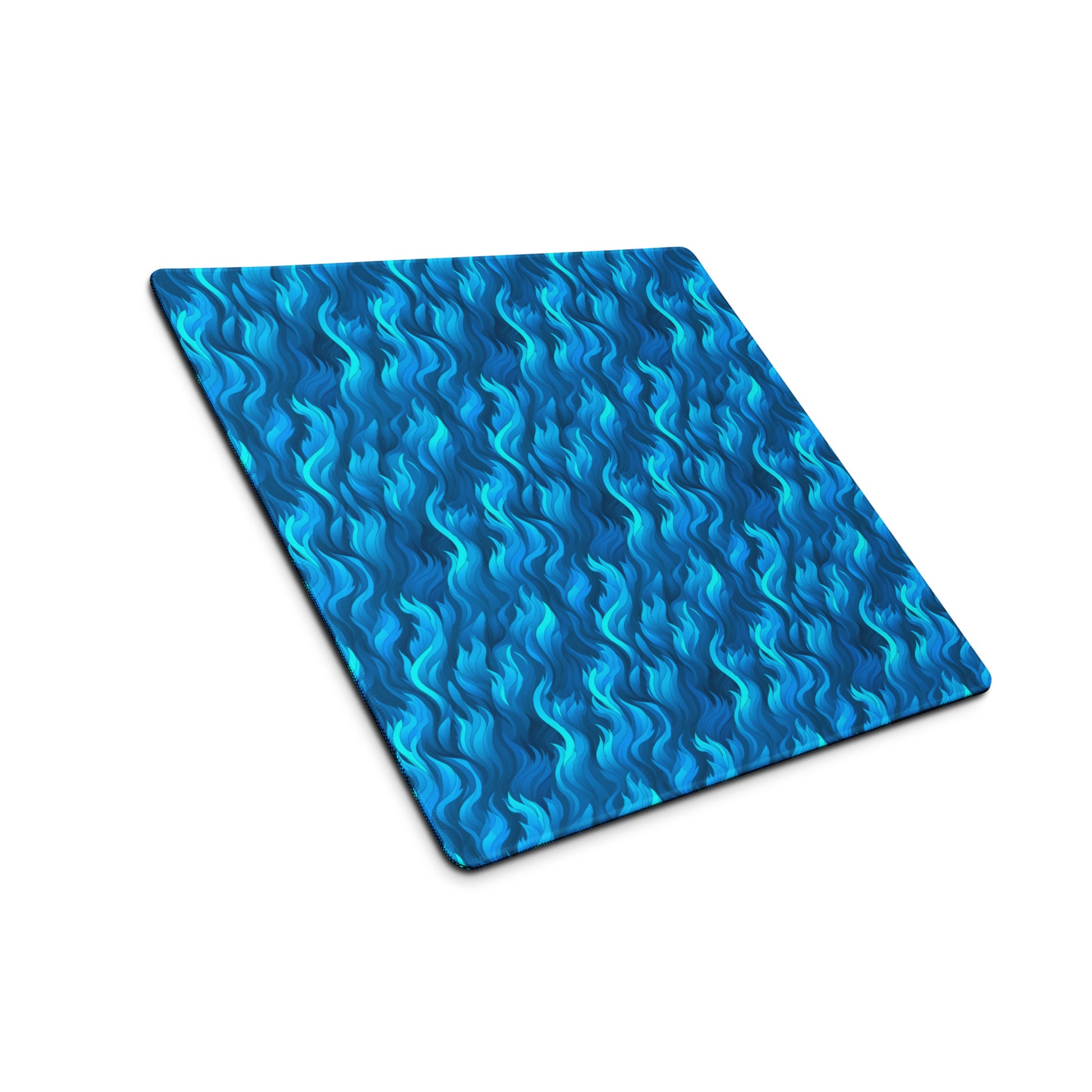 A 18" x 16" desk pad with a wavy flame pattern on it shown at an angle. Blue in color.