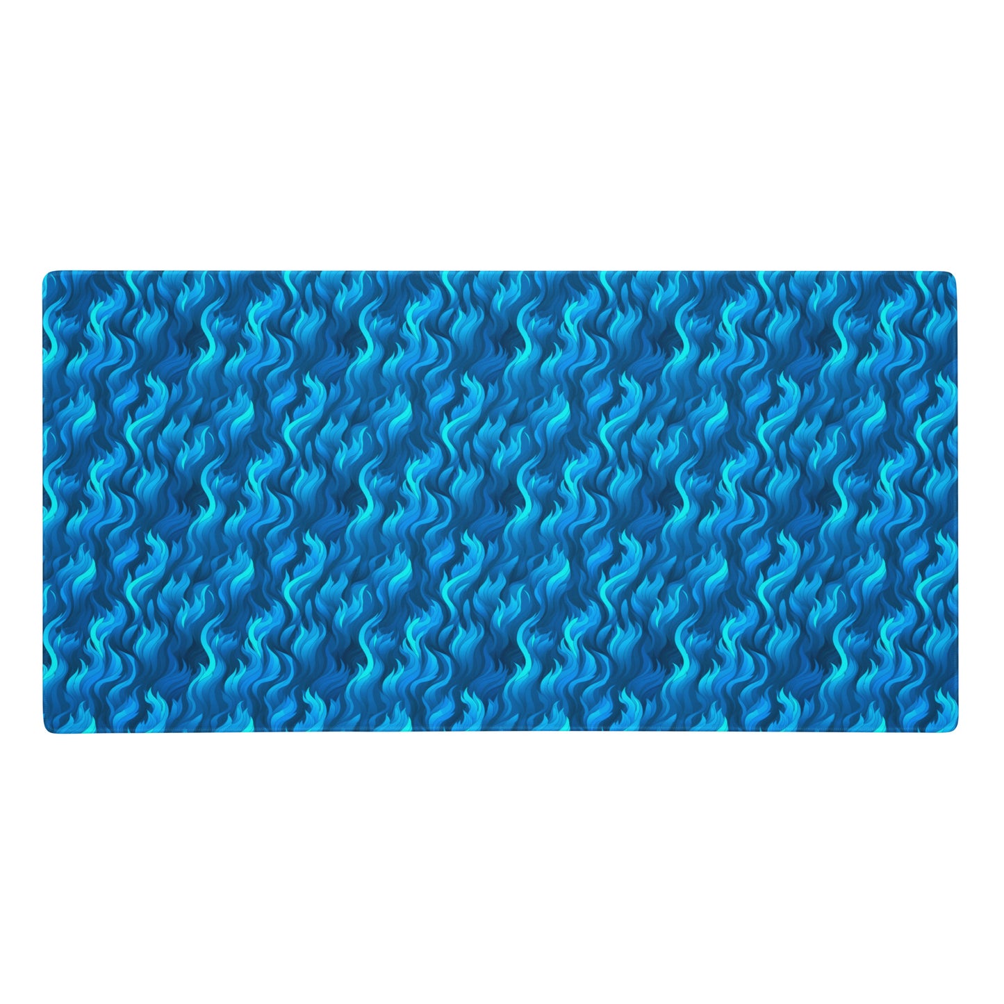 A 36" x 18" desk pad with a wavy flame pattern on it. Blue in color.
