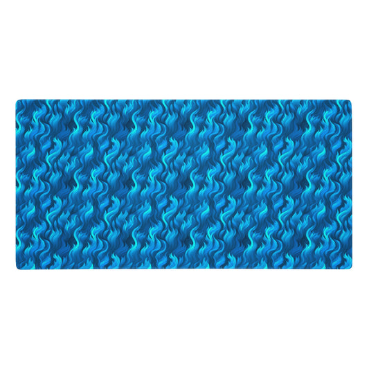 A 36" x 18" desk pad with a wavy flame pattern on it. Blue in color.
