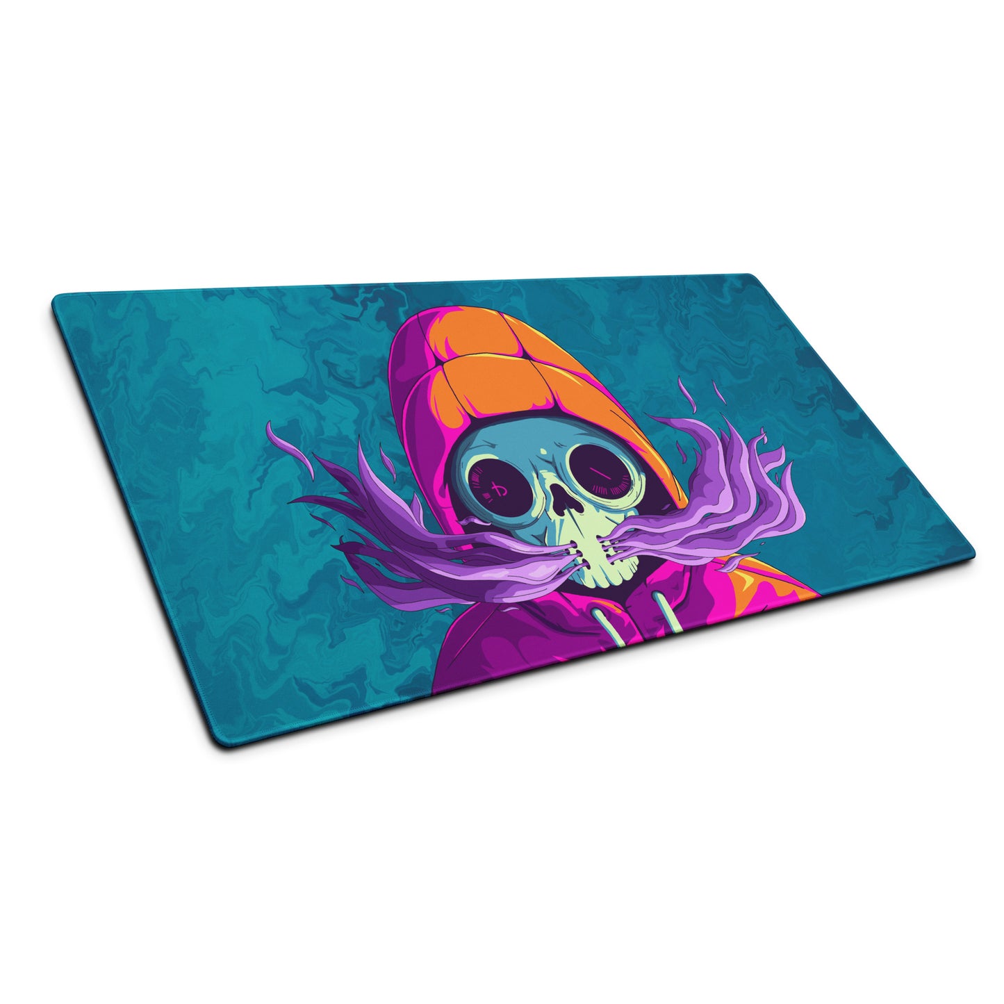A 36" x 18" desk pad with a man wearing a skull gas mask breathing smoke out from it shown at an angle. Blue in color.