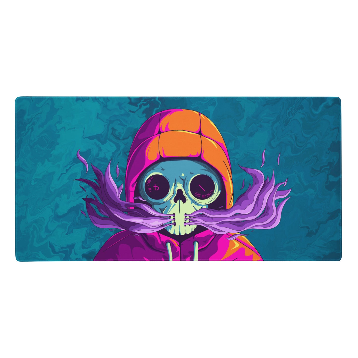 A 36" x 18" desk pad with a man wearing a skull gas mask breathing smoke out from it. Blue in color.