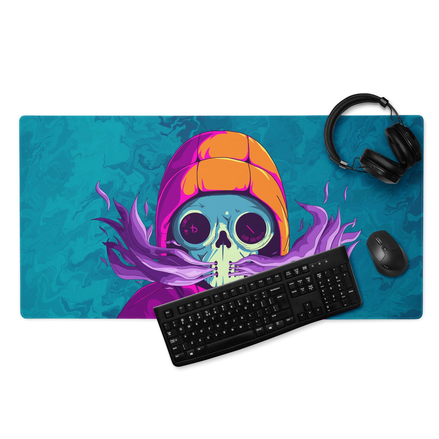 A 36" x 18" desk pad with a man wearing a skull gas mask breathing smoke out from it displayed with a keyboard, headphones and a mouse. Blue in color.