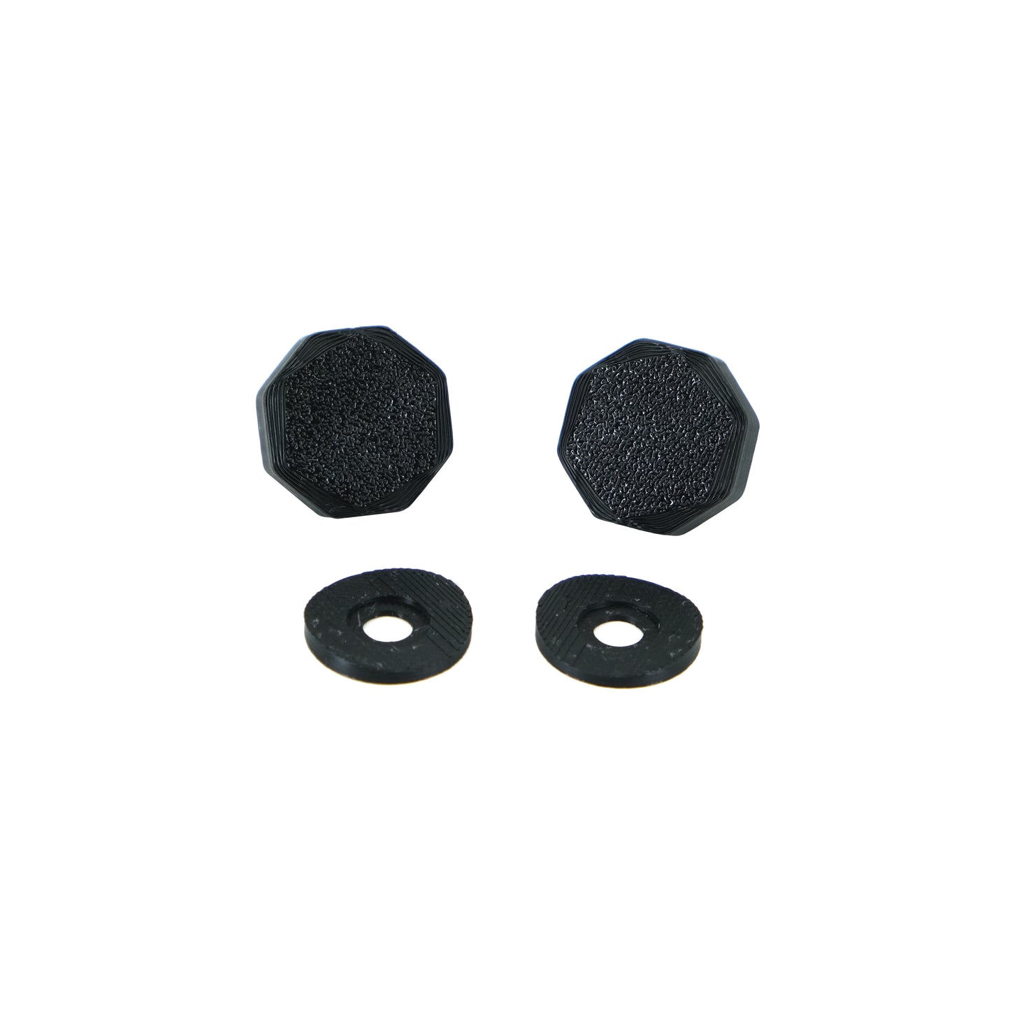 A picture of two blue yeti thumb screws and two blue yeti washers. Black in color. 