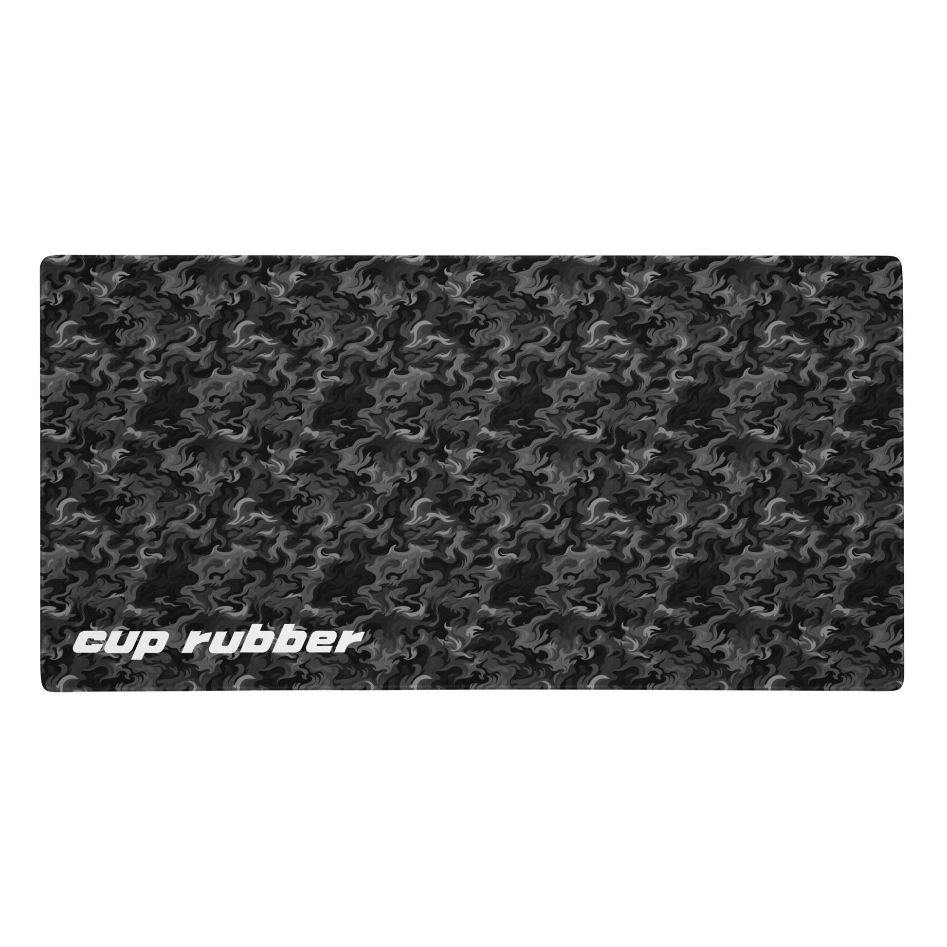 A 36" x 18" desk pad with a camo pattern all over it and the word "Cup Rubber" in the bottom left corner. Black and Charcoal in color.