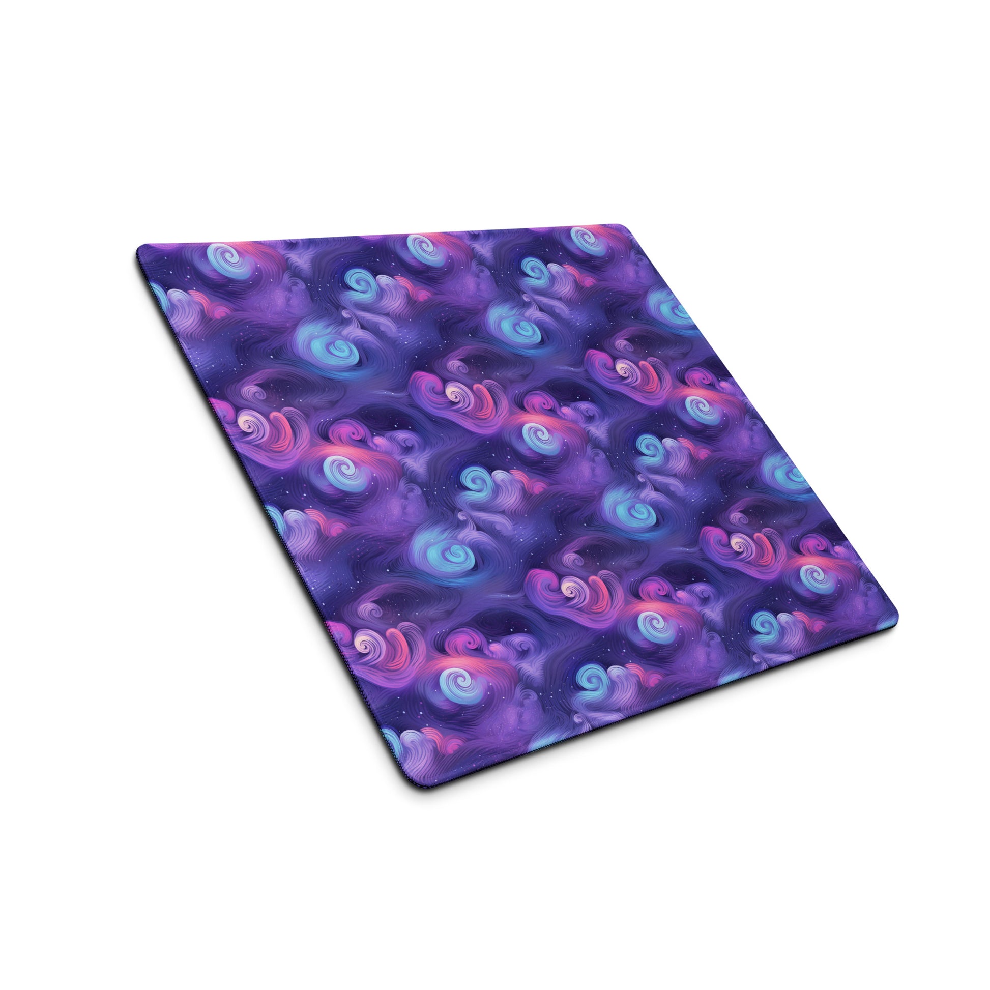 A 18" x 16" desk pad with fluffy clouds and stars on it shown at an angle. Blue and Purple in color