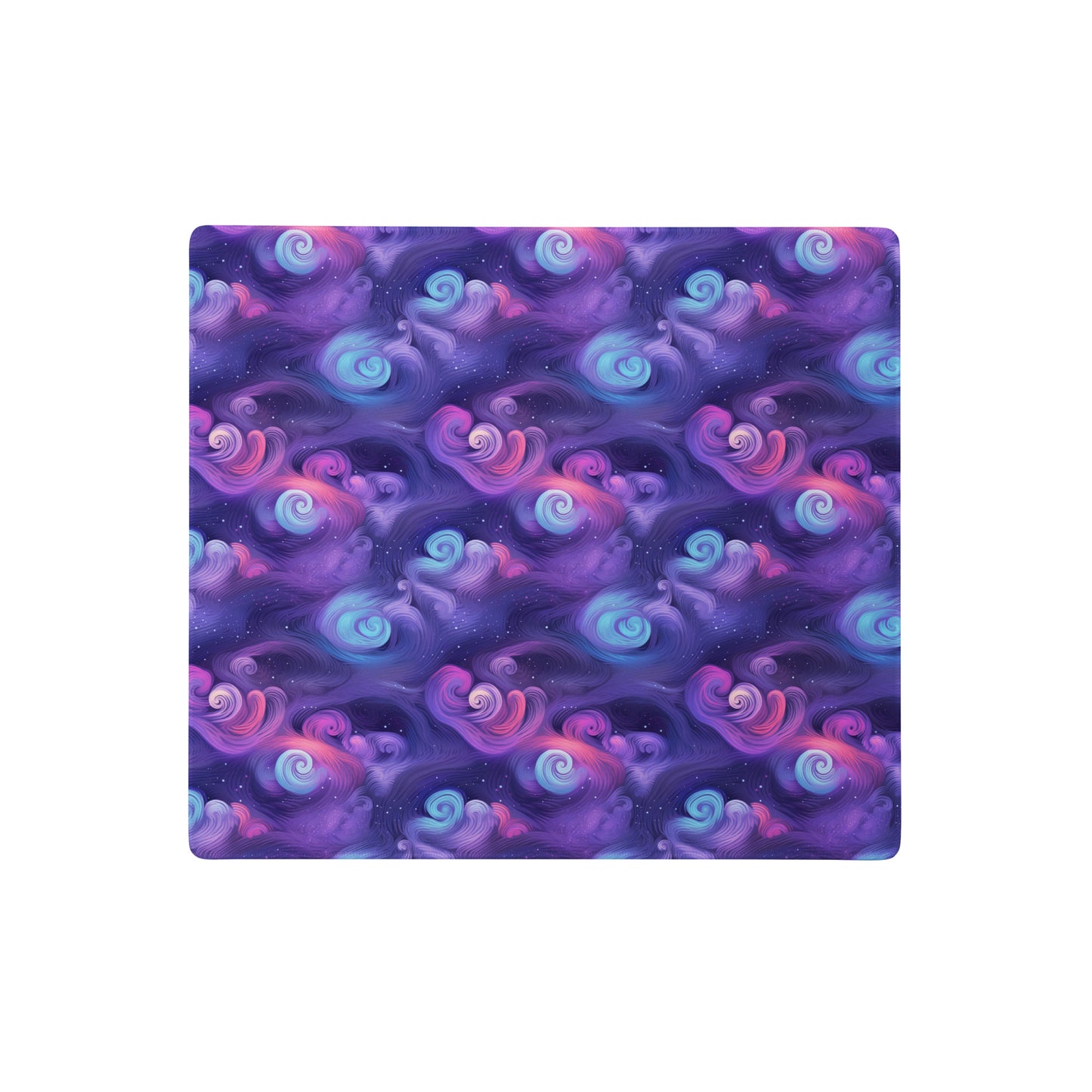 A 18" x 16" desk pad with fluffy clouds and stars on it. Blue and Purple in color