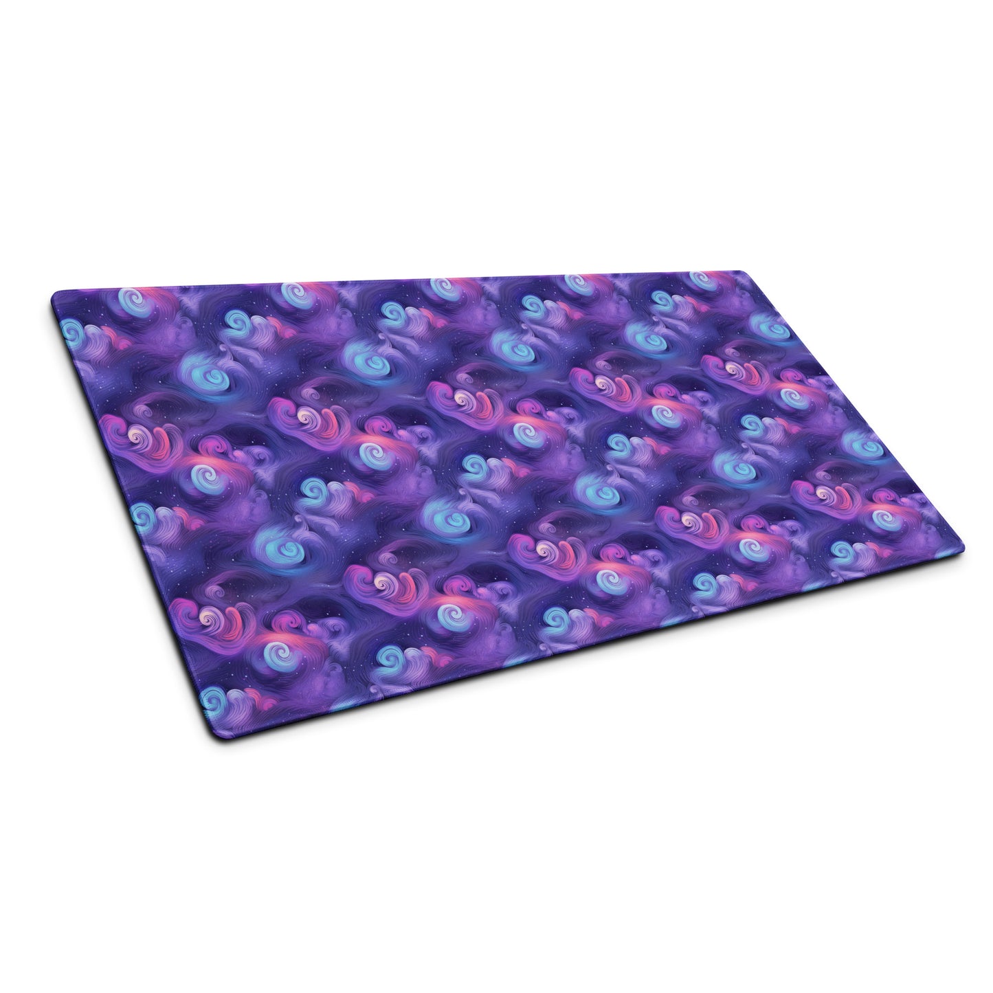 A 36" x 18" desk pad with fluffy clouds and stars on it shown at an angle. Blue and Purple in color